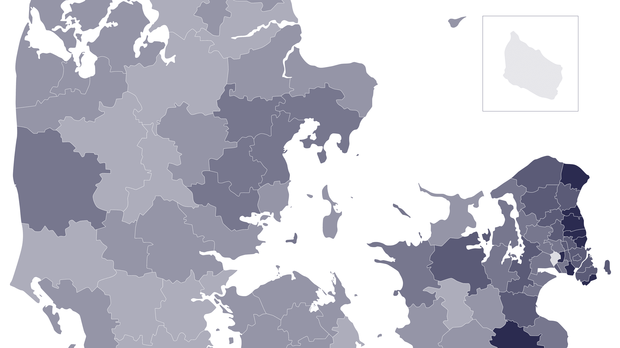 En grafik, hvor et Danmarkskort pr. kommune er inddelt i forskellige farver alt efter prisudviklingen på boligmarkedet. 