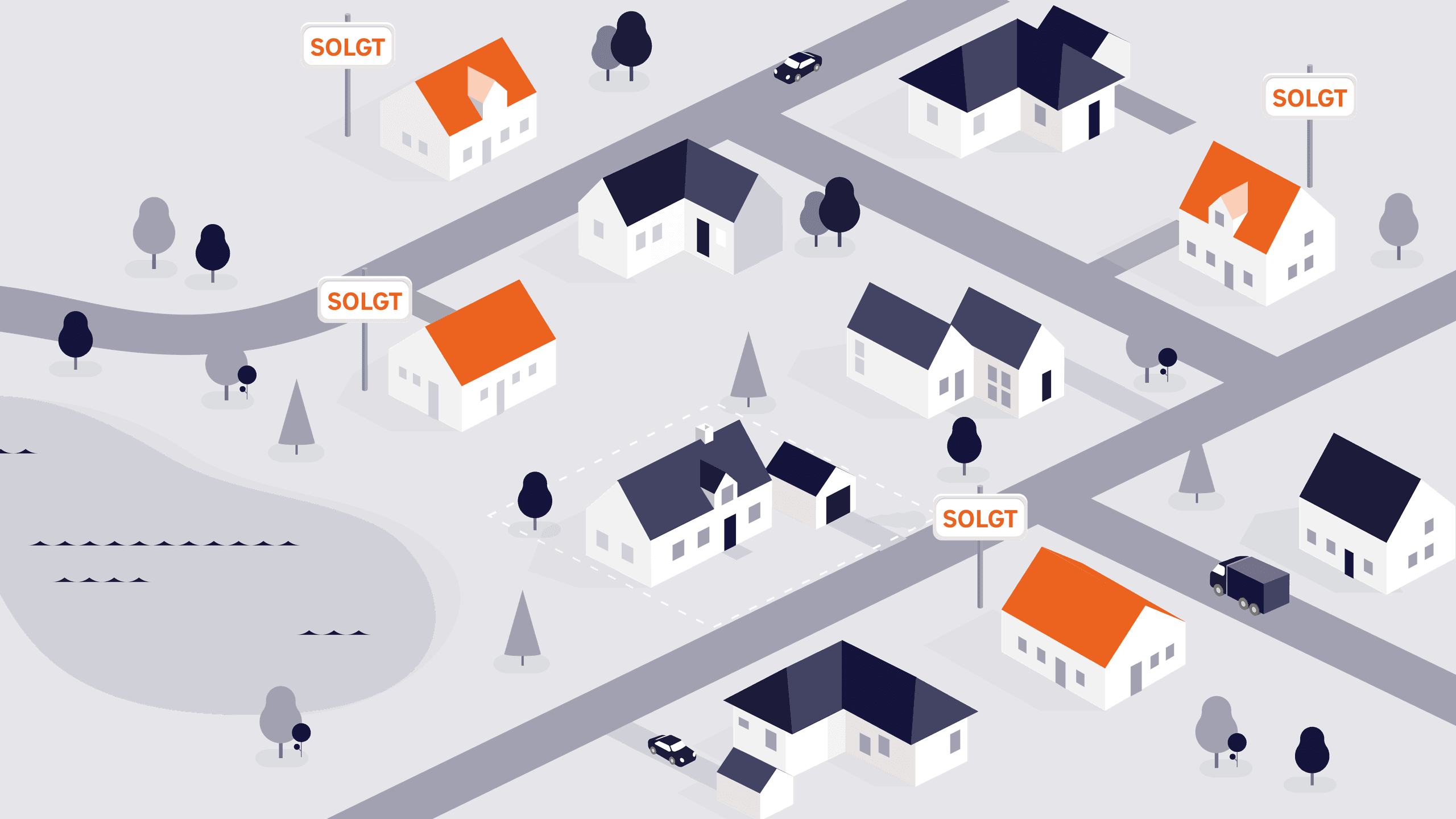 En grafik med en lang række huse, hvor nogle af dem er orange og markeret med et solgt skilt, som skal vise, hvordan reference ejendomme virker i vurderingen. 