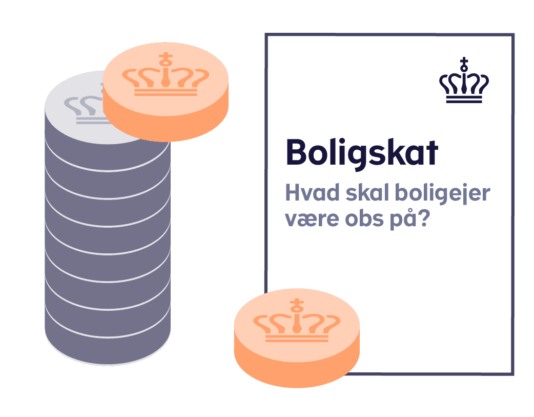 En bunke møønter stablet ved siden af et dokument, hvor der står noget om boligskat og opmærksomhedspunkter. 